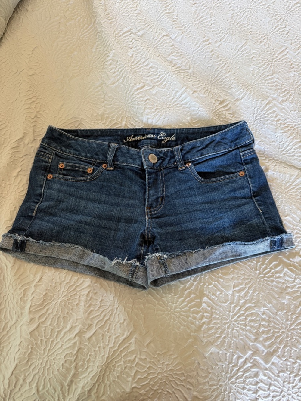 American Eagle Outfitters Indigo Blue Rolled Fray Hem Jean Shorts